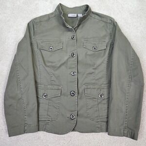 Chicos Platinum Utility Military Jacket Olive Green Button Front Women Size 1